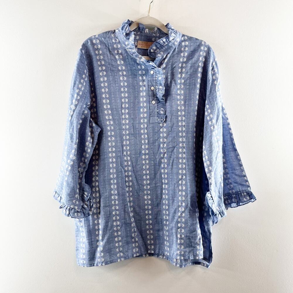 Rungolee Jacqueline Long Sleeve Ruffle Trim Collar Tunic Blouse Blue XL